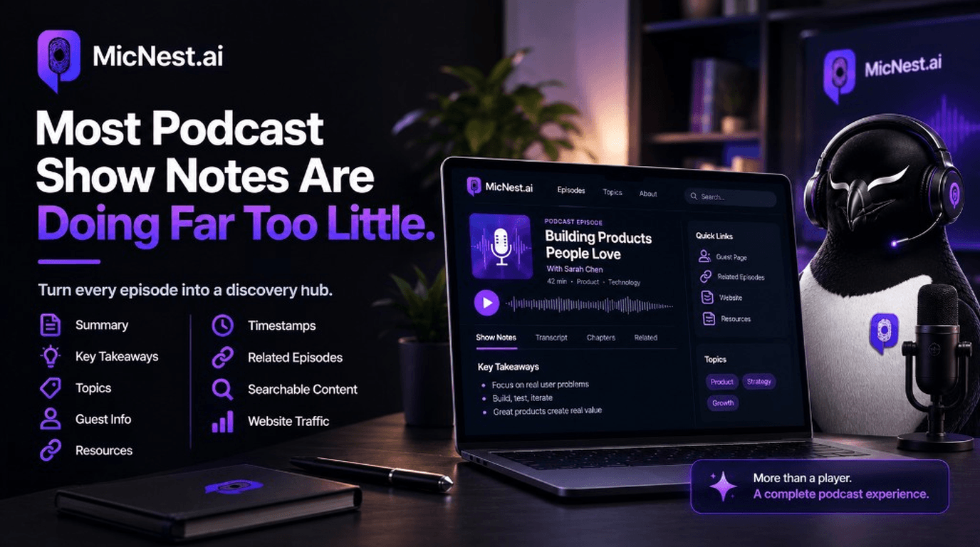 Most Podcast Show Notes Are Doing Far Too Little. MicNest.ai laptop episode page with show notes, takeaways, topics, guest info, timestamps, related episodes, searchable content — penguin mascot with headset.