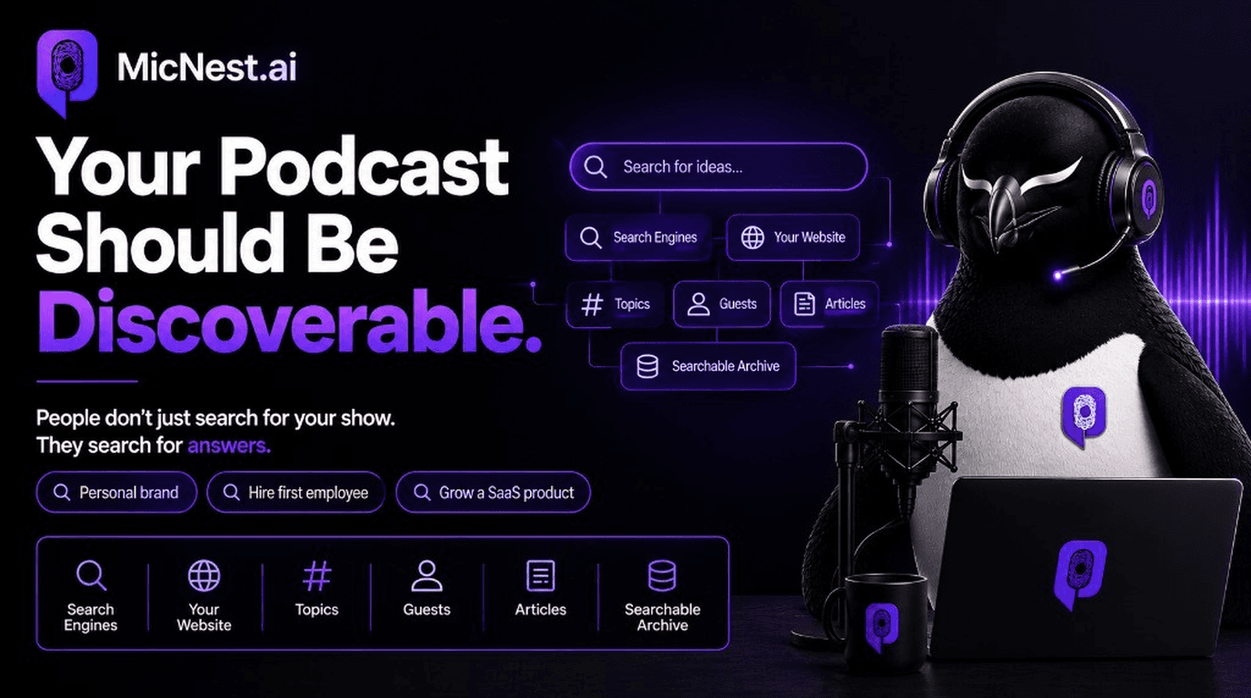 Your Podcast Should Be Discoverable. MicNest.ai penguin with headset beside search for ideas — search engines, website, topics, guests, articles, and searchable archive.
