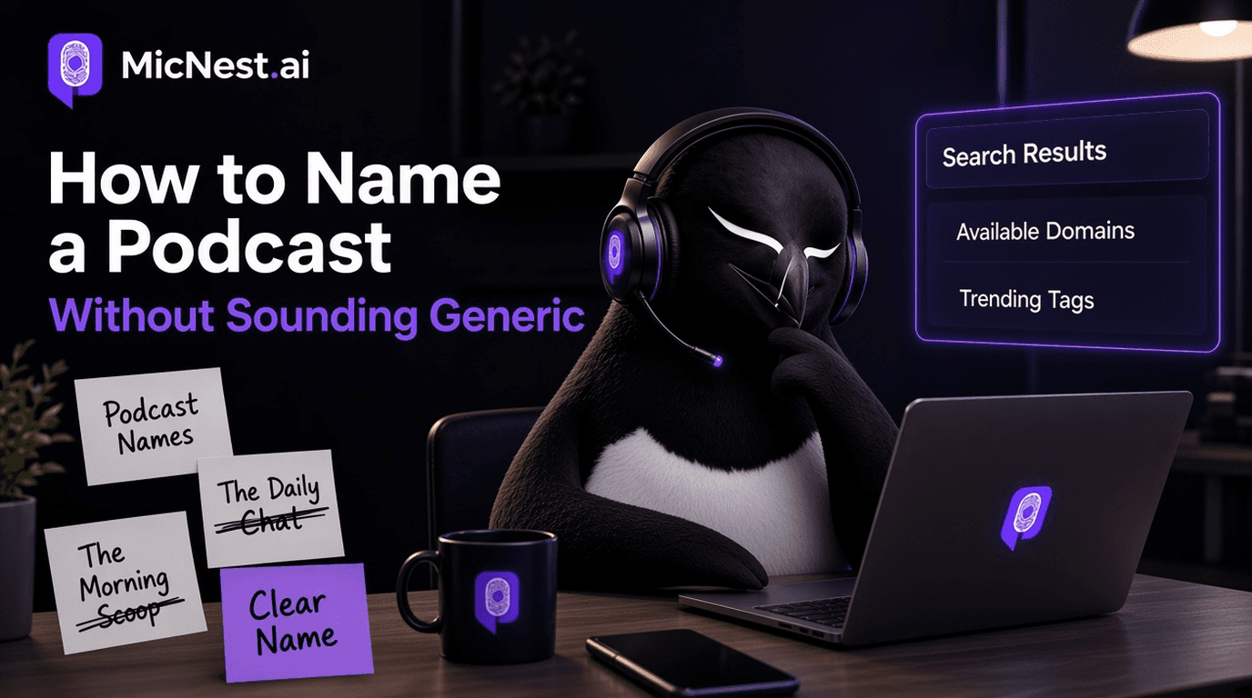 How to Name a Podcast Without Sounding Generic. MicNest penguin at a dark desk comparing podcast name ideas on sticky notes and a laptop.