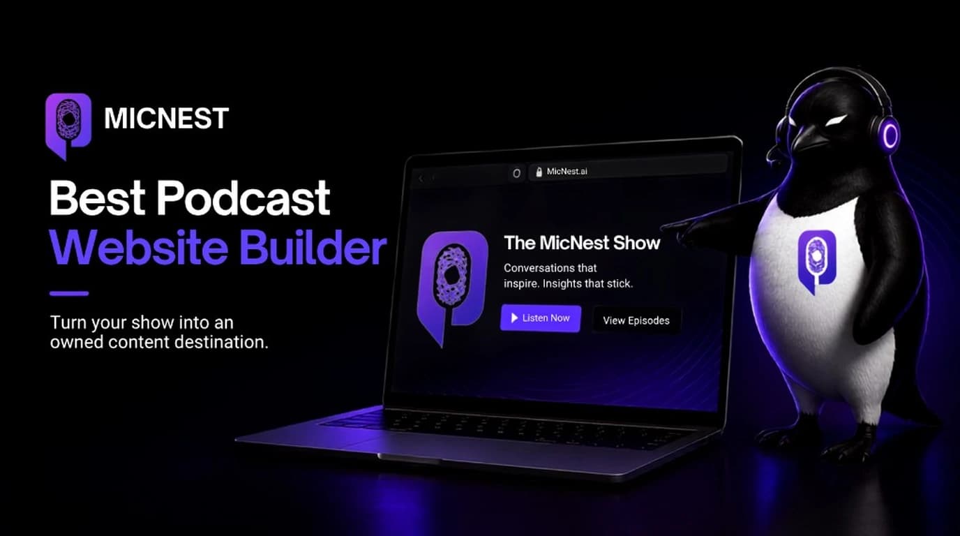 Best Podcast Website Builder. MicNest mascot with headset pointing at a laptop showing The MicNest Show website with Listen Now and View Episodes.