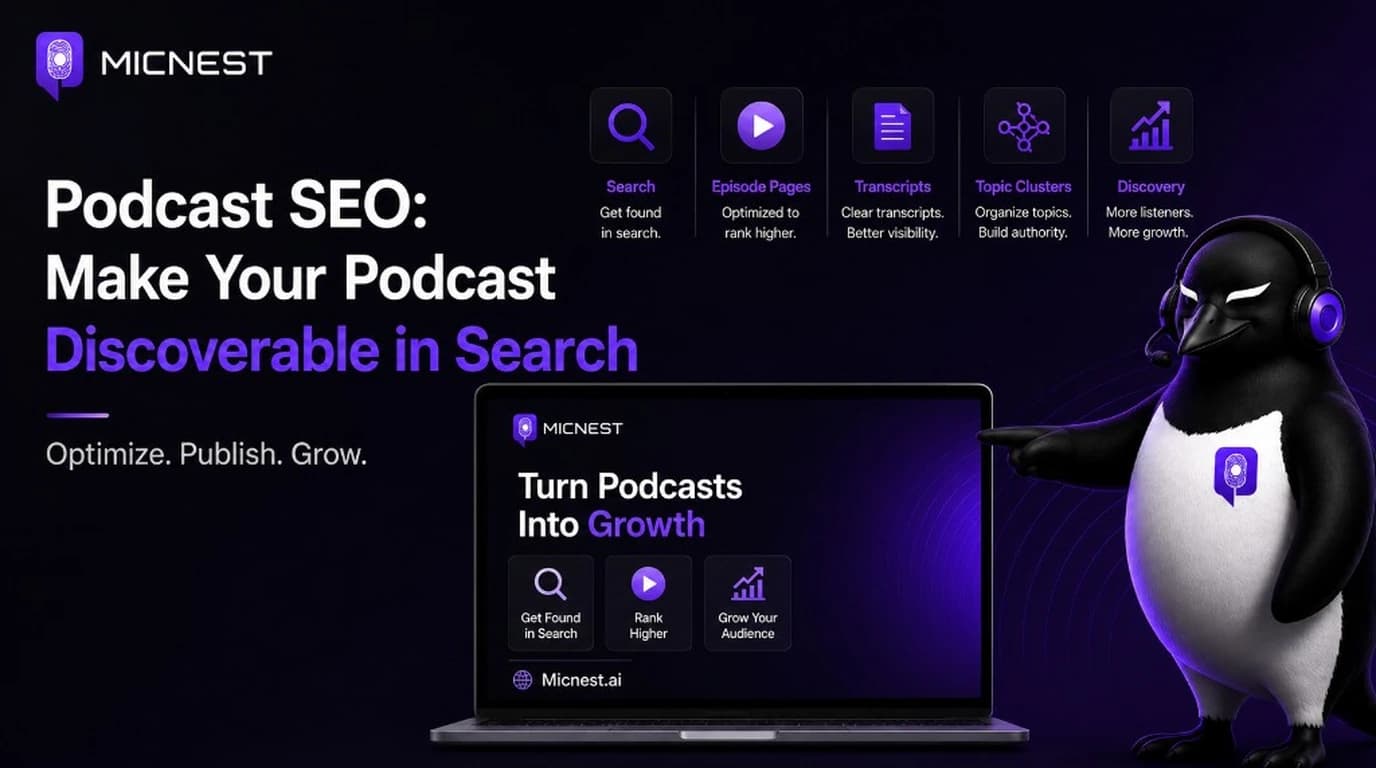 Podcast SEO: Make Your Podcast Discoverable in Search. MicNest logo, feature icons for search, episode pages, transcripts, topic clusters, and discovery, laptop showing MicNest.ai, and penguin mascot with headset.