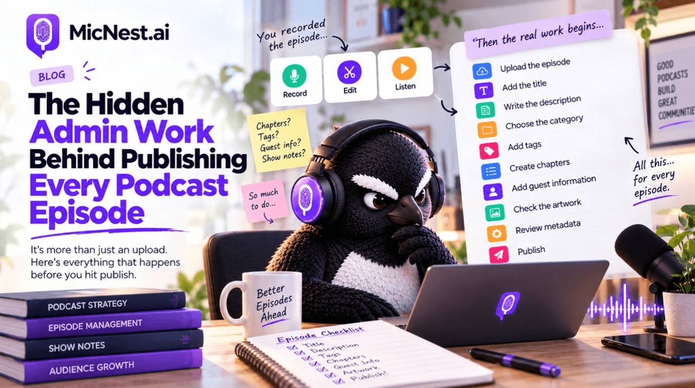 The Hidden Admin Work Behind Publishing Every Podcast Episode. MicNest penguin at a desk beside Record-Edit-Listen and a long publish checklist.