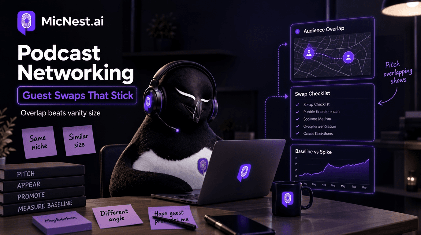 Podcast Networking: How Guest Swaps Actually Grow Your Show. MicNest penguin at a dark desk connecting overlapping podcast audiences with purple UI panels.