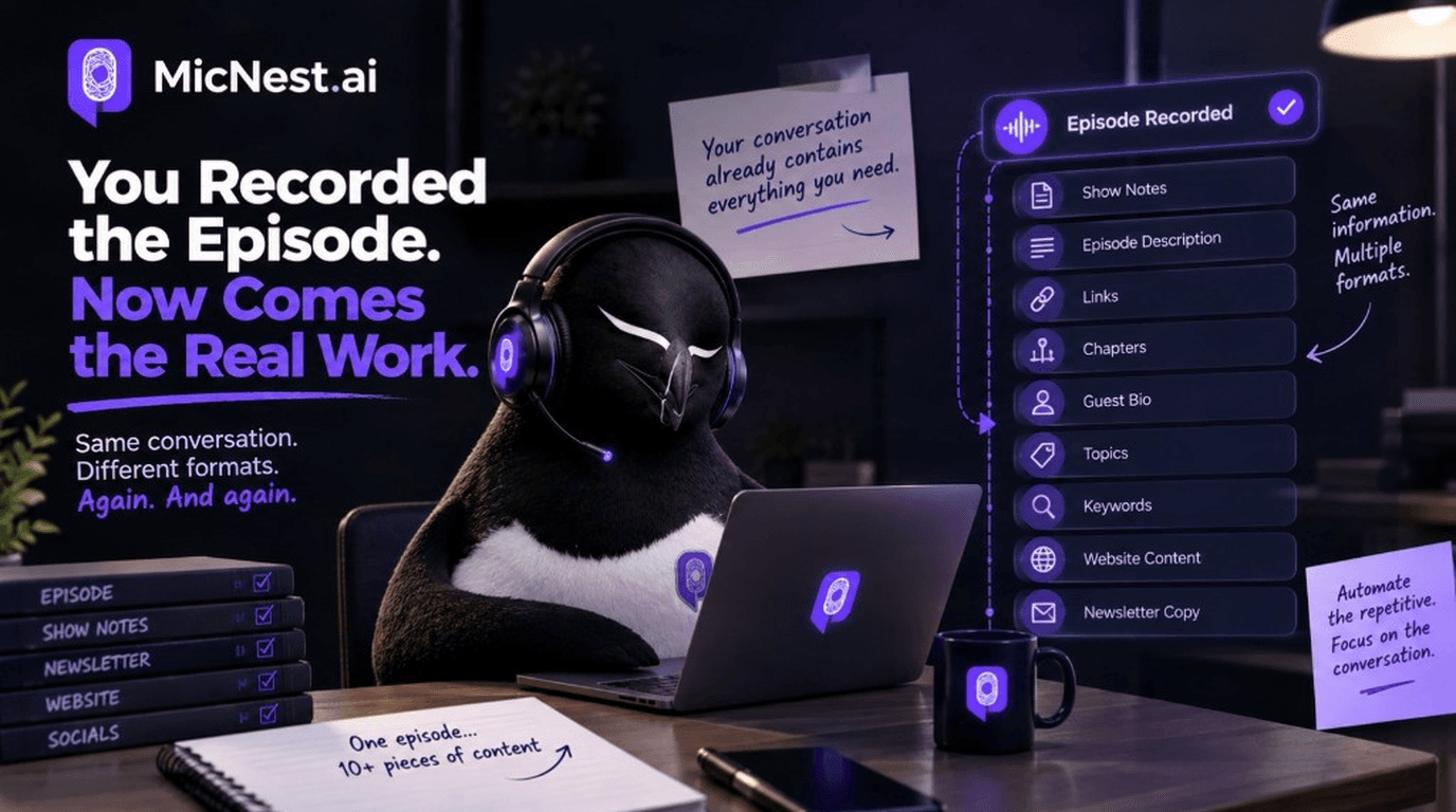 You Recorded the Episode. Now Comes the Real Work. MicNest penguin at a desk with episode-to-show-notes checklist and publishing task list.