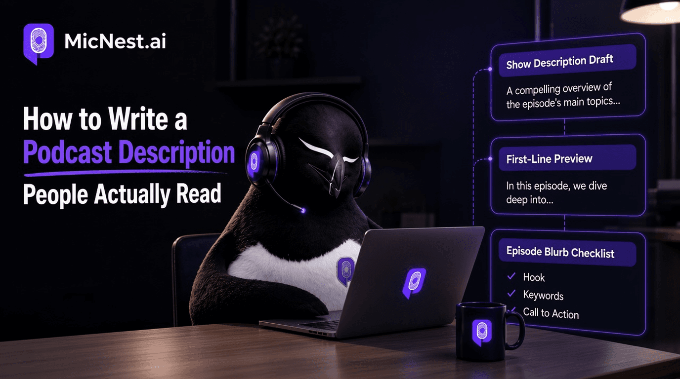 How to Write a Podcast Description People Actually Read. MicNest penguin at a dark desk editing podcast show and episode description copy on a laptop.