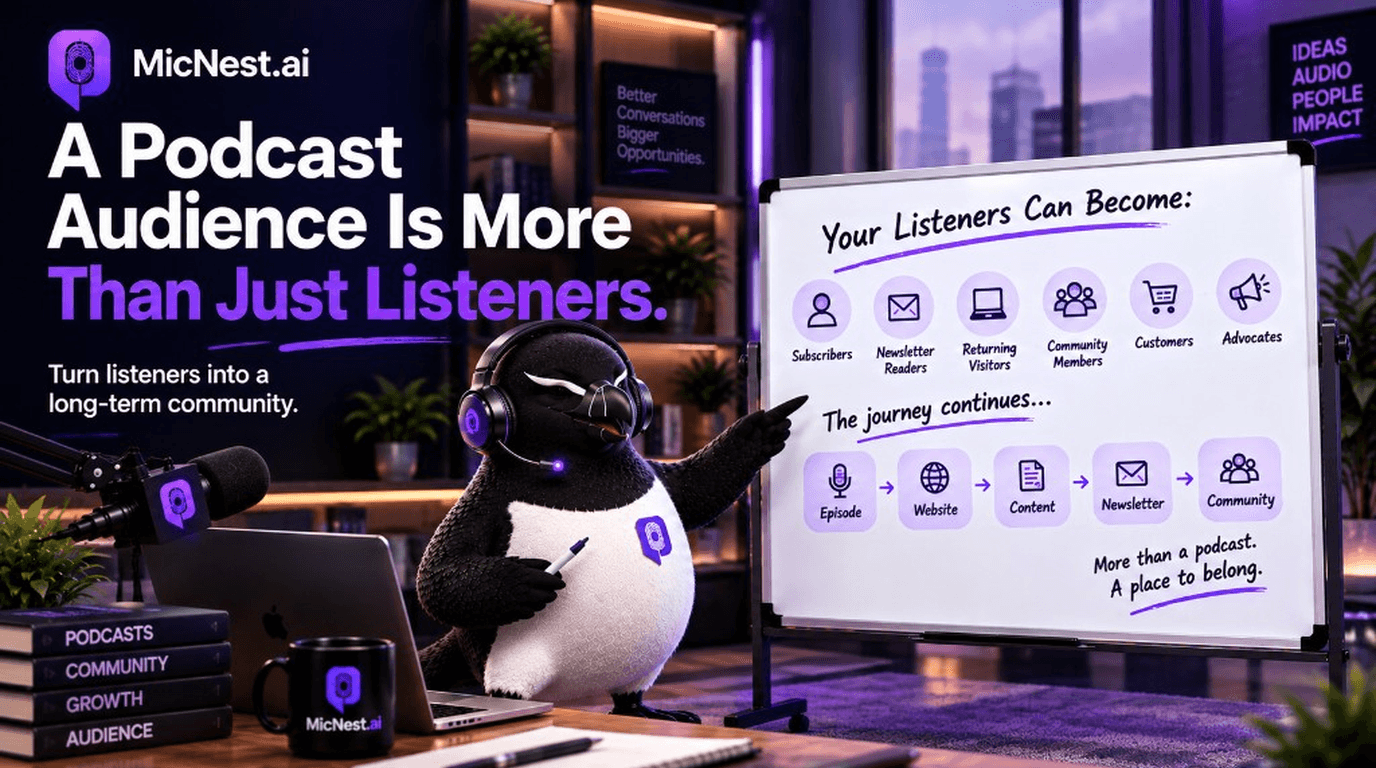 A Podcast Audience Is More Than Just Listeners. MicNest.ai penguin with headset pointing at a whiteboard: subscribers, newsletter readers, returning visitors, community members, customers, advocates — Episode → Website → Content → Newsletter → Community.