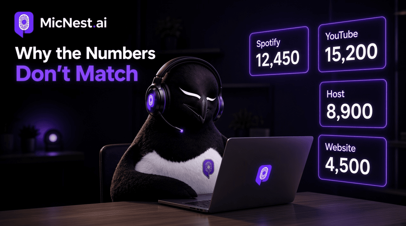 Why Podcast Numbers Don't Match. MicNest penguin at a dark desk with Spotify, YouTube, host, and website dashboards showing different totals.