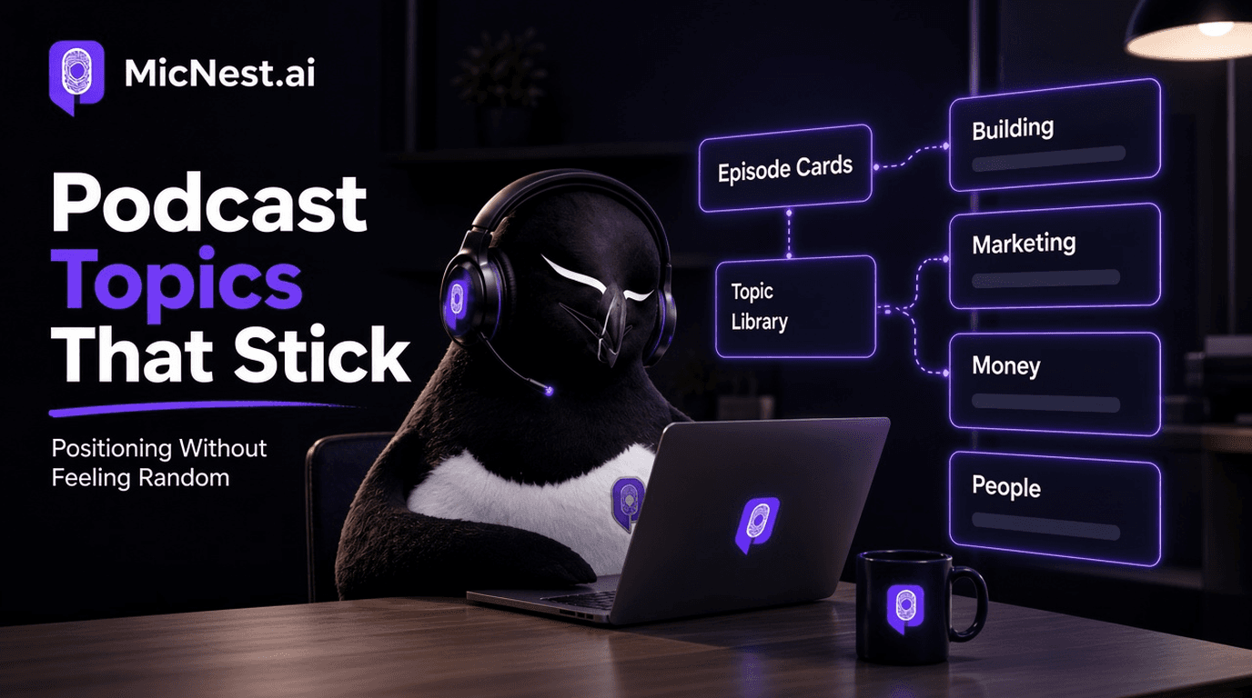 Podcast Topics That Stick. MicNest penguin at a dark desk with content pillars labeled Building, Marketing, Money, and People linked to episode cards.