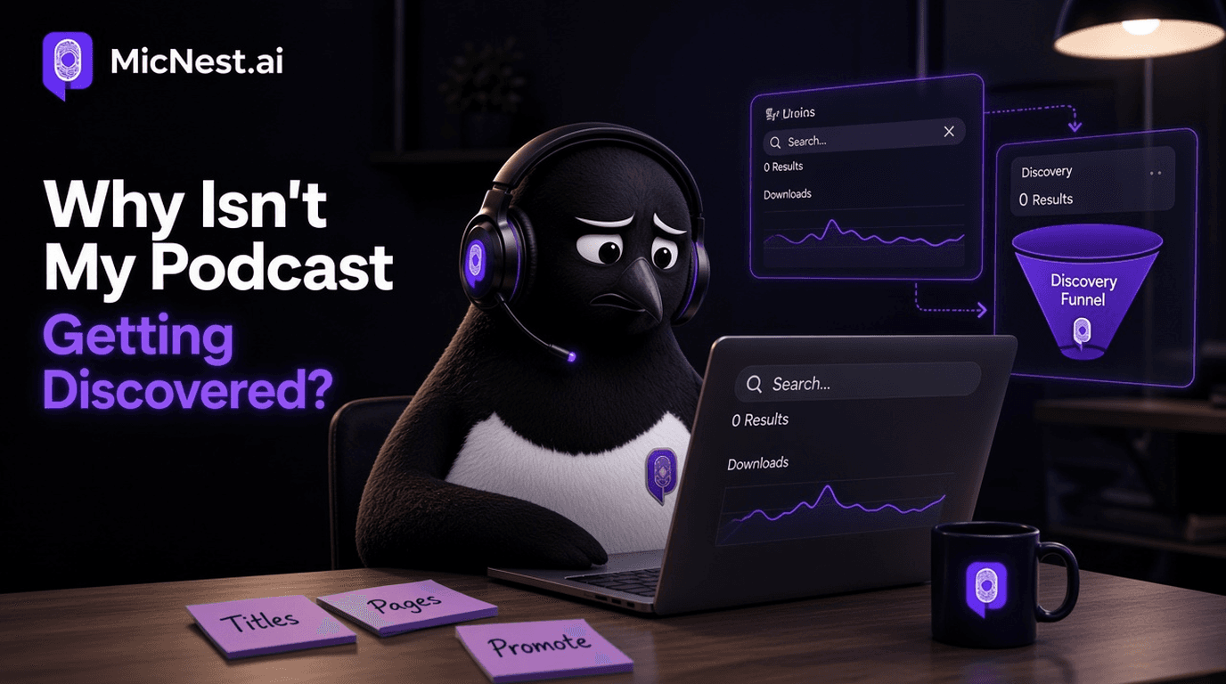 Why Isn't My Podcast Getting Discovered? MicNest penguin at a dark desk looking at empty search results beside a podcast dashboard.